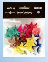 Gwiazdki z pianki brokatowej kolorowe ok 60szt. Wydawca: Galeria Hobby. SmakLiter.pl Opakowanie Gwiazdki z pianki brokatowej kolorowe ok 60szt