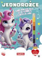 Jednorożce. Kolorowanka z kredką i naklejkami. Autor: Katarzyna Salamon. SmakLiter.pl Okładka książki Jednorożce. Kolorowanka z kredką i naklejkami