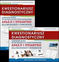 Kwestionariusz diagnostyczny zaburzeń mowy ze szczególnym uwzględnieniem afazji i dysartrii dla młodzieży i dorosłych Materiały do badania i arkusz diagnostyczny. Autor: Szłapa Katarzyna, Iwona Tomasik, Wrzesiński Sławomir. SmakLiter.pl Okładka książki Kwestionariusz diagnostyczny zaburzeń mowy ze szczególnym uwzględnieniem afazji i dysartrii dla młodzieży i dorosłych Materiały do badania i arkusz diagnostyczny