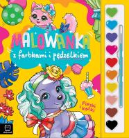 Malowanka z farbkami i pędzelkiem. Pieski i kotki. Autor: Kaczyńska Agata. SmakLiter.pl Okładka książki Malowanka z farbkami i pędzelkiem. Pieski i kotki