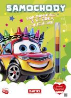 Samochody. Kolorowanka z kredką i naklejkami. Autor: Katarzyna Salamon. SmakLiter.pl Okładka książki Samochody. Kolorowanka z kredką i naklejkami