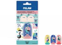 Opakowanie Temperówka z gumką Milan Capsule peacock + 2 gumki zapasowe blister mix