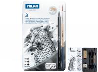 Opakowanie Zestaw 3 ołówków bezdrzewnych + temperówka + gumka + pędzel w metalowym opakowaniu