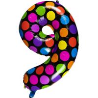 Balon foliowy cyferka 9 w kropki. Wydawca: ARPEX. SmakLiter.pl Opakowanie Balon foliowy cyferka 9 w kropki