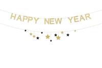 Opakowanie Baner Happy New Year z gwiazdkami złoty 300cm