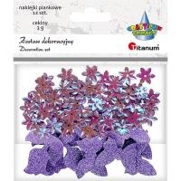 Opakowanie Cekiny kwiaty + naklejki mix wrzosowe 12szt