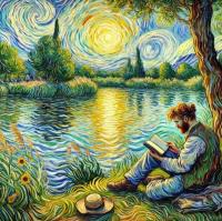 Opakowanie Diamentowa Mozaika Mężczyzna czytający nad jeziorem w stylu Van Gogha NO-2003114