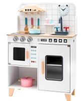 Drewniana kuchnia z wyposażeniem Montessori biała. Wydawca: Baby Mix. SmakLiter.pl Opakowanie Drewniana kuchnia z wyposażeniem Montessori biała