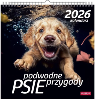 Kalendarz 2026 wieloplanszowy kwadrat Psy pod wodą. Wydawca: O-press. SmakLiter.pl Opakowanie Kalendarz 2026 wieloplanszowy kwadrat Psy pod wodą