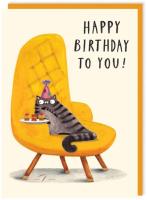 Opakowanie Karnet 309 Urodziny Kot z przekąskami na fotelu