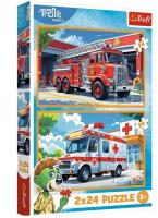 Puzzle 2x24 Wóz strażacki i karetka TREFL. Wydawca: Trefl. SmakLiter.pl Opakowanie Puzzle 2x24 Wóz strażacki i karetka TREFL
