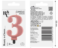 Opakowanie Świeczka B&C cyferka 3 metalik różowo-złota 8cm
