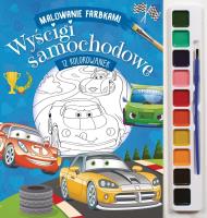 Wyścigi samochodowe. Malowanie farbkami. Autor: Izabella Sieńko-Holewa. SmakLiter.pl Okładka książki Wyścigi samochodowe. Malowanie farbkami