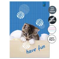 Zeszyt A4 32 kartki w 3 linie kolor 90g Kot i piłki. Wydawca: EV-Corp. SmakLiter.pl Opakowanie Zeszyt A4 32 kartki w 3 linie kolor 90g Kot i piłki